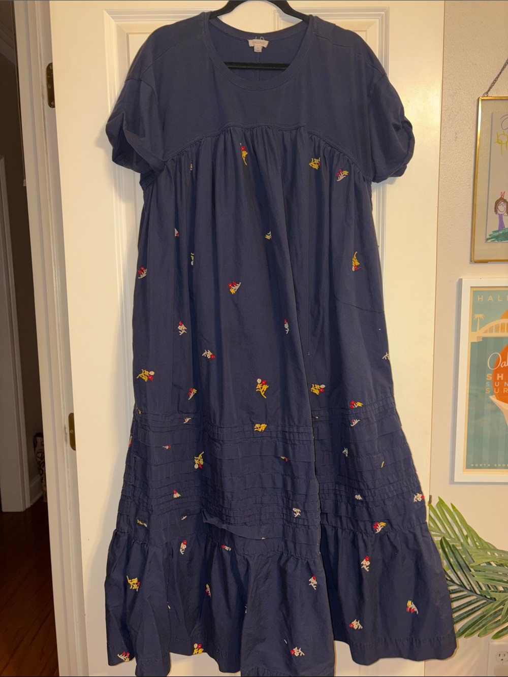 Pilcro Navy Blue Midi Dress with Small Multicolor Floral Embroidery